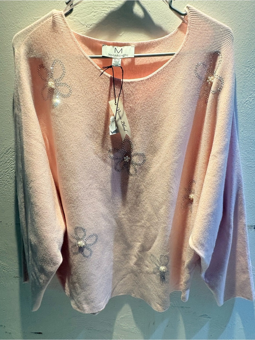 Magaschoni Blush Pink Floral Crystal & Pearl Crewneck Sweater